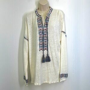 Sundance - 100 Percent Linen White Colorful Embroidered Long Sleeve Tunic SZ M